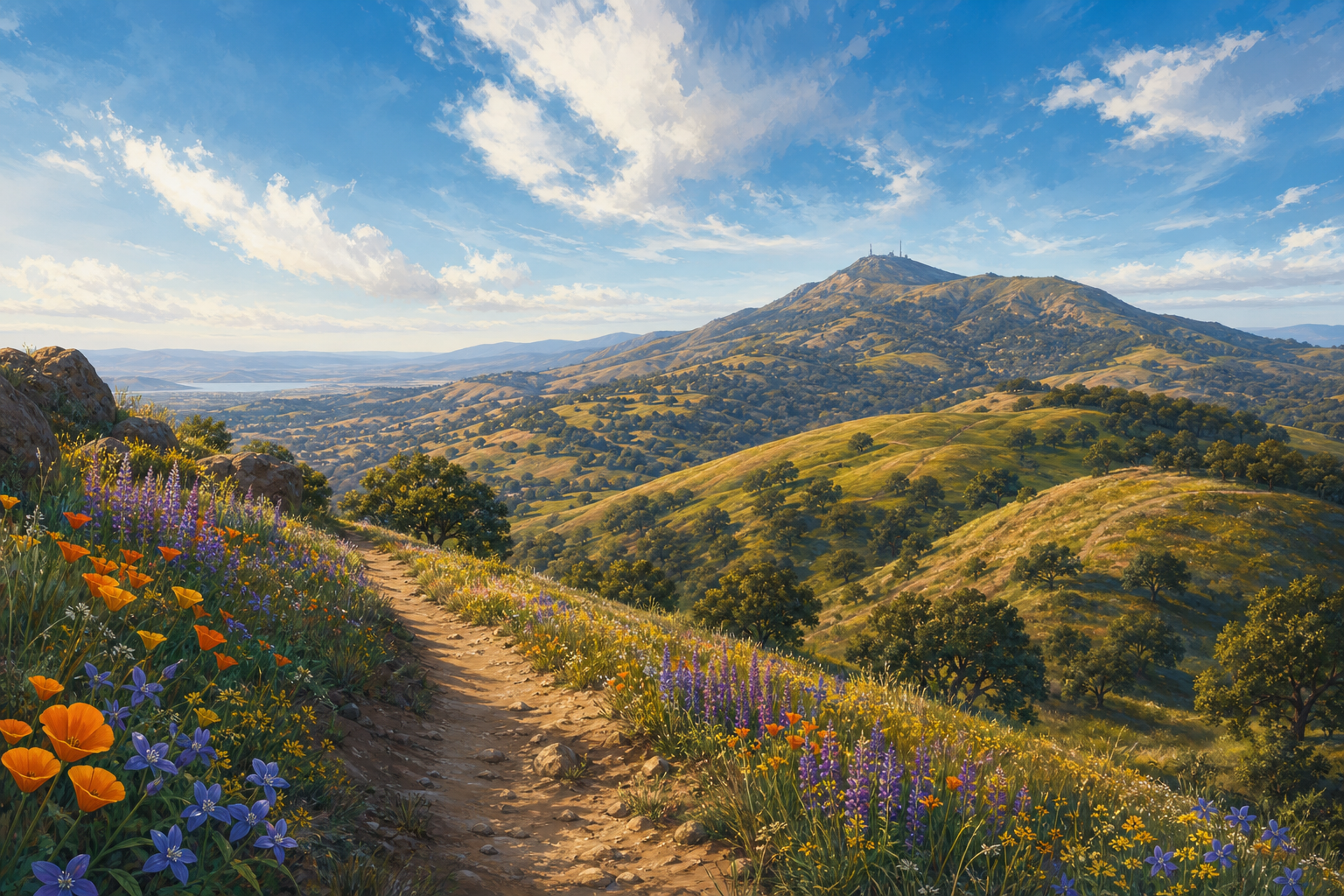 Rolling hills with wildflowers and a dirt trail